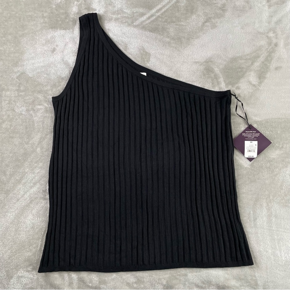 NWT Ava & Viv Black Ribbed One Shoulder Top 2X Plus Size Asymmetrical Tank